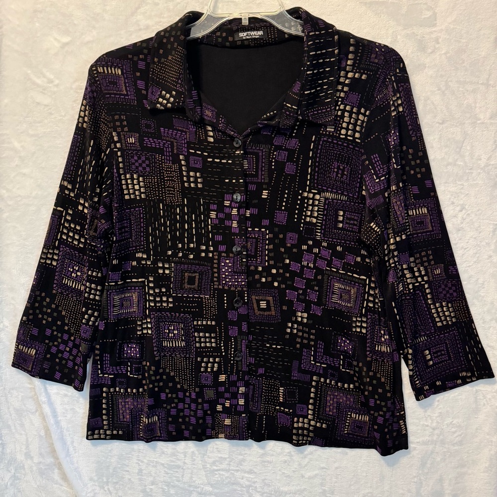Softwear by Mark Singer Vintage Button Down Knit Blouse Abstract Print Size XL